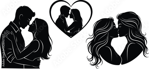Romantic couple silhouette illustration set, diverse pairings in embrace and kiss poses with heart outline, love and intimacy theme - flat vector illustration
