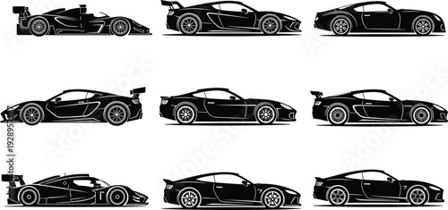 Sports car silhouette illustration set, high-performance race and sleek designs with aerodynamic features, automotive engineering theme - flat vector illustration