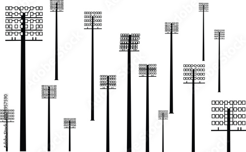 Stadium floodlight pole silhouette illustration set, various designs with clustered lamps, sports field and outdoor lighting theme - flat vector illustration