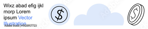 Finance, cloud computing, digital economy, online transactions, data storage, virtual currency. Two dollar signs and a cloud shape. Finance and cloud computing concept