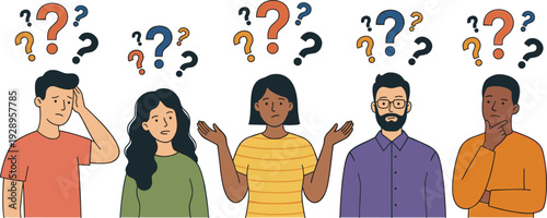 Confused People with Question Marks Vector Illustration, Diverse Men and Women Expressing Doubt Uncertainty Thinking and Problem Solving Concept