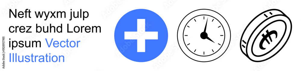 Obraz premium Healthcare, time tracking, financial management, emergency services, medical aid, wellness budgeting. A blue medical cross, clock and currency symbol. Healthcare and time management concepts