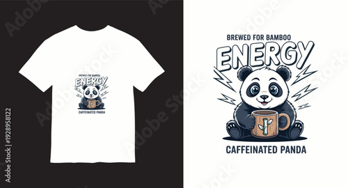 Caffeinated panda enjoying coffee and energy drink, cartoon vector illustration