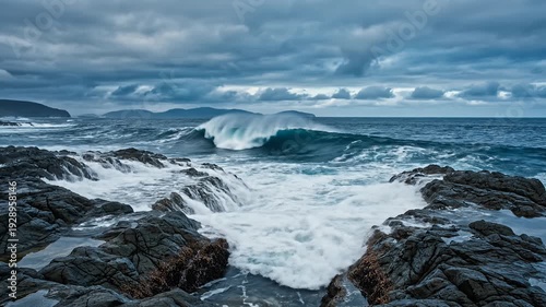 Powerful ocean waves crashing on rocky coastline under dramatic sky