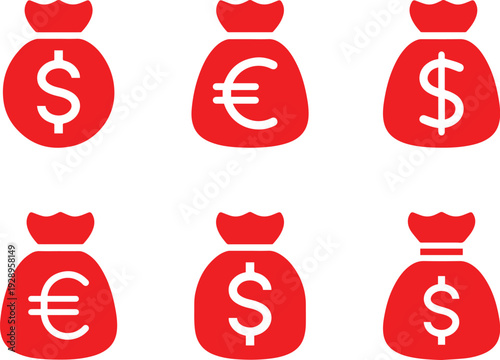 money bag,currency icon,dollar sign,euro sign,finance symbol,simple vector icons,black and white design