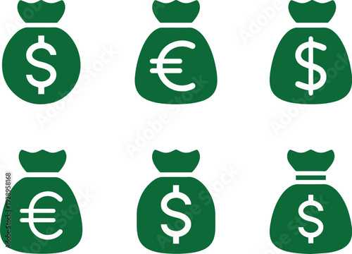 money bag,currency icon,dollar sign,euro sign,finance symbol,simple vector icons,black and white design