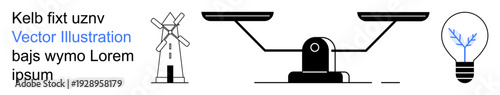 Renewable energy, justice, innovation, decision-making, eco-consciousness, technology concepts. Windmill, balance scale and light bulb with blue filament. Renewable energy and justice illustrated