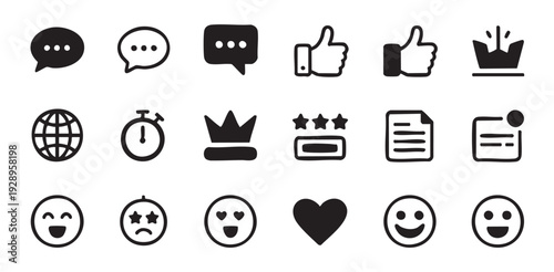 Set of communication and feedback icons like chat bubbles thumbs up and crown