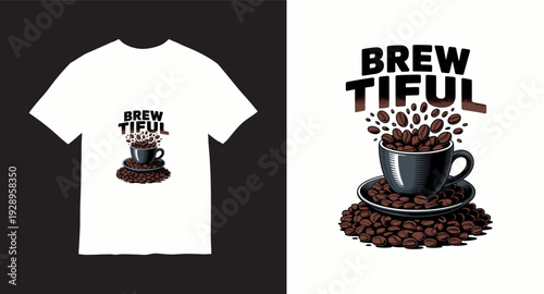 Coffee cup overflowing with beans, creative brew tiful typography, vector