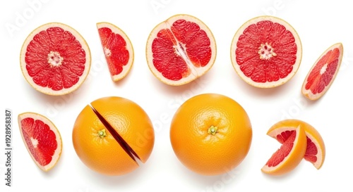 Vibrant red grapefruit halves and slices arranged on a clean white surface, top view.