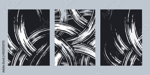 Abstract black and white triptych featuring swirling chaotic brushstrokes