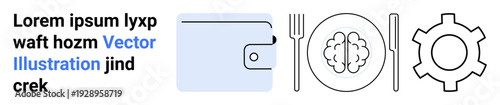 Wallet icon, brain on a plate with fork and knife, and gear visualizing finance, knowledge, health, and productivity. Ideal for education, finance, work balance technology meal planning