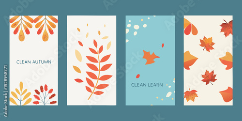 Four vertical panels displaying autumn leaves and seasonal typography
