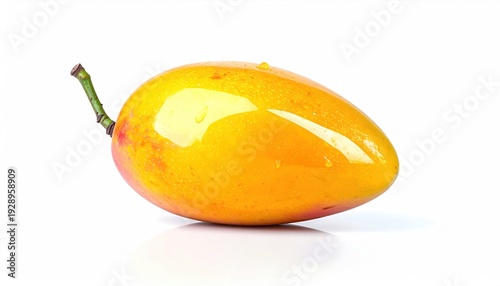 A ripe, oval-shaped mango, yellow with red hues and a stem, lies against a white background