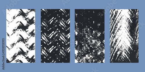 Four vertical panels displaying abstract textured black and white patterns