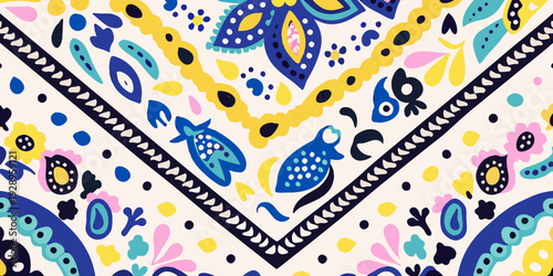 Colorful bohemian pattern with stylized birds flowers and geometric shapes