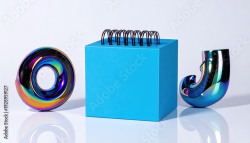 Three abstract objects a torus, a cube with spiral bind, and a curved form, all glossy