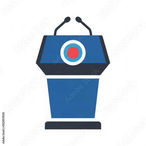 A minimalist vector graphic illustration of a blue podium with two microphones and a red target logo on the front, perfect for presentations and public speaking events.