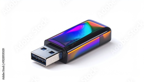 A vibrant, glossy USB drive showcasing a holographic-like top surface and metallic connector