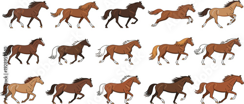 Running Horse Animation Frames Vector Set with Galloping Brown and Bay Horses Side View Collection
