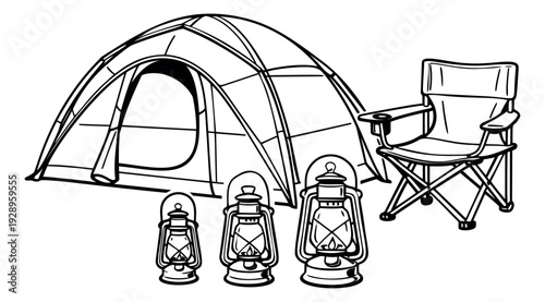 Hand drawn line art camping equipment set featuring a tent, a folding chair, and three lanterns for outdoor adventures