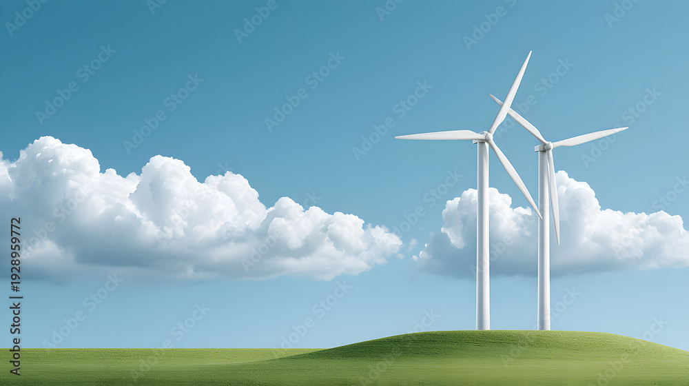Fototapeta premium Wind turbines generating green energy under a blue sky. The wind turbines are set in a green landscape and clouds