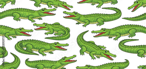Seamless pattern with green cartoon crocodiles and alligators in various poses on a white background for children fabric, wallpaper, wrapping paper, and nursery textile design