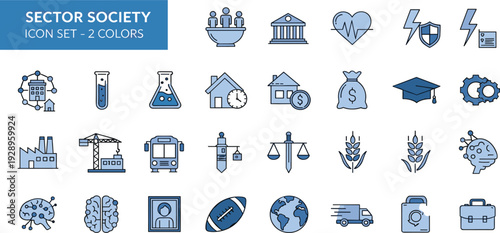 Sector Society Icon Set with Finance Health Education Industry and Technology Symbols