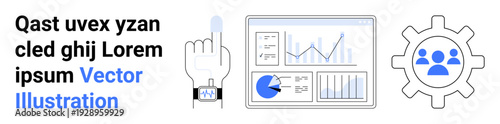 Hand pointing at digital watch, graphs on data board, gear with user icons. Ideal for analytics, teamwork, dashboard, technology, data analysis, workflow setup simple landing page