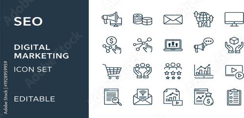 SEO Digital Marketing Icon Set with Analytics, Email Campaign, E Commerce, Social Media and Online Advertising Editable Vector Collection