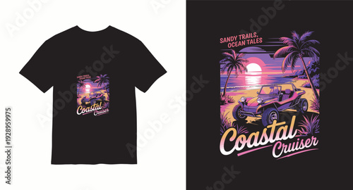 Retro coastal cruiser beach buggy car with palm trees sunset t-shirt design
