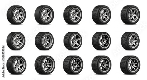 Collection of various car tires arranged in a neat pattern for display.