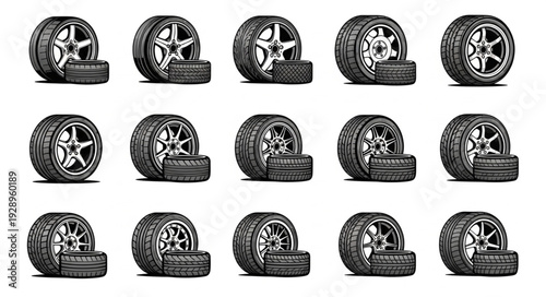 Detailed illustration of various car tires arranged in a visually appealing pattern, showcasing automotive components.