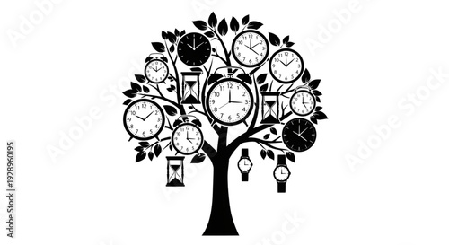 silhouette of a leafy tree with various analog clock faces, alarm clocks, and hourglasses hanging from branches