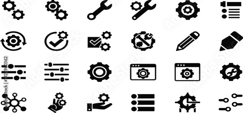 Settings and maintenance icon set with gear, wrench, tools and configuration symbols, modern black silhouette vector collection for web, app, and system interface