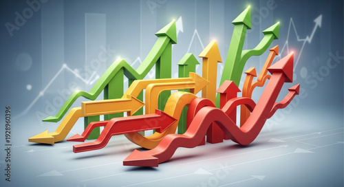 Financial growth arrows showing upward trend and market progress.