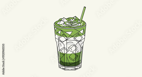 A refreshing iced matcha green tea drink in a glass cup, vector eps illustration