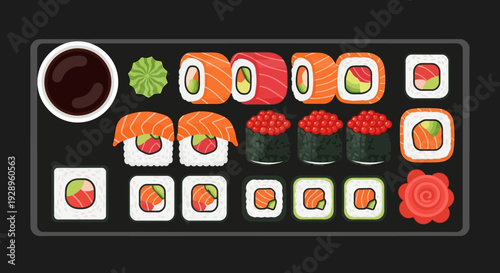 Sushi assortment on a black tray with vector eps illustrations of food
