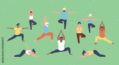 Diverse people practice yoga in various poses on a green background in vector eps.
