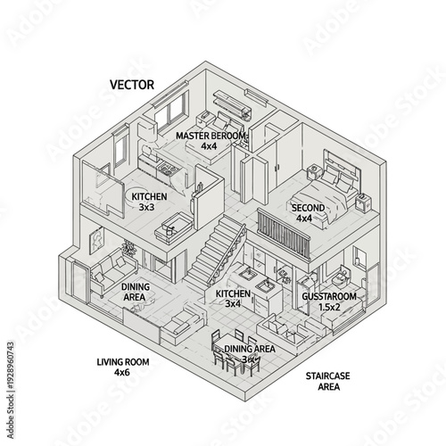 Detailed architectural floor plan of a modern two-story house with labeled rooms.