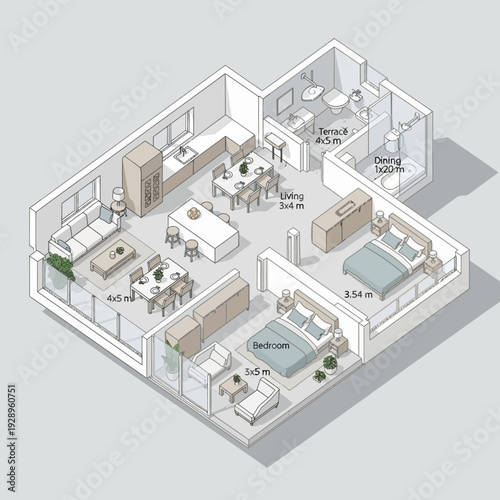 Detailed 3D Isometric Floor Plan of Modern Apartment Interior.