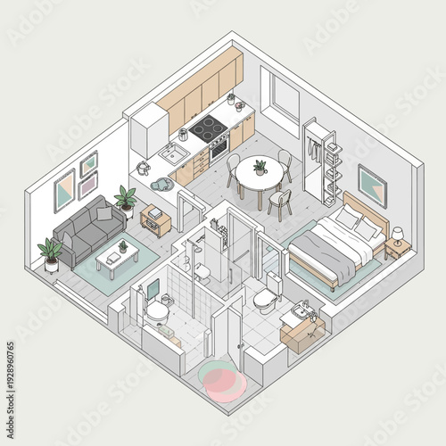Modern apartment floor plan with kitchen living room and bedroom.