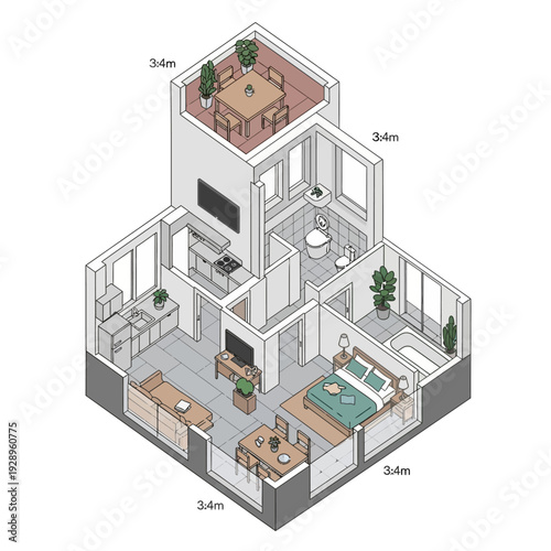 Isometric View of Modern Two-Story Residential Building Interior.
