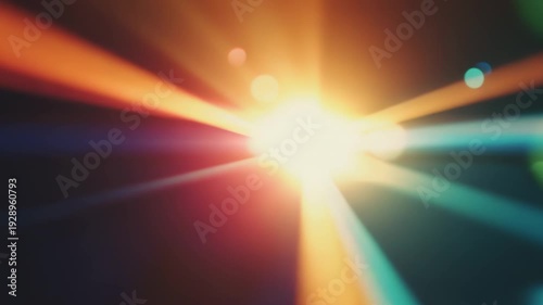 Bright colorful lens flare rays cut through a dark background, creating dynamic radiating beams, soft bokeh and vibrant glowing streaks for futuristic, modern design