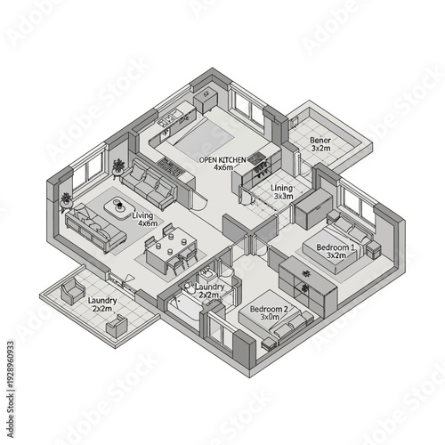 Detailed isometric illustration of a modern office floor plan with various rooms and furniture.
