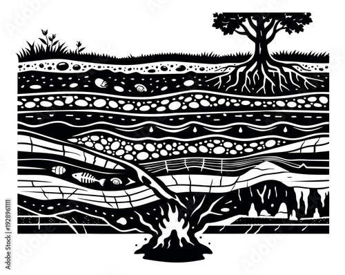 Hand drawn line art illustration of earth layers depicting geological strata for science education