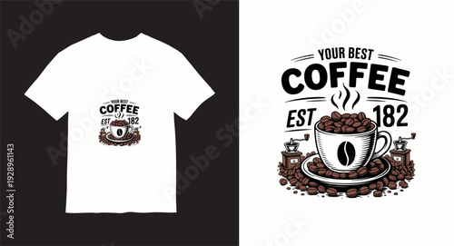 Classic coffee cup with beans and grinders vintage style t-shirt print illustration