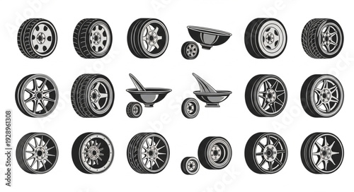 Collection of various car tires and wheels, showcasing different designs and patterns.