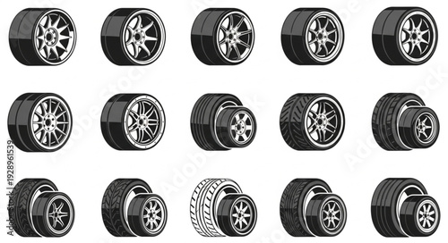 Collection of various car wheels and tires, showcasing different designs and styles for vehicles.