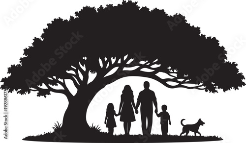 Vector art of a silhouette depicts a family walking under a large tree, with a dog, against a bright background, creating a heartwarming scene of togetherness and natures embrace